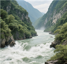 青山环绕着江河峡谷摄影图片